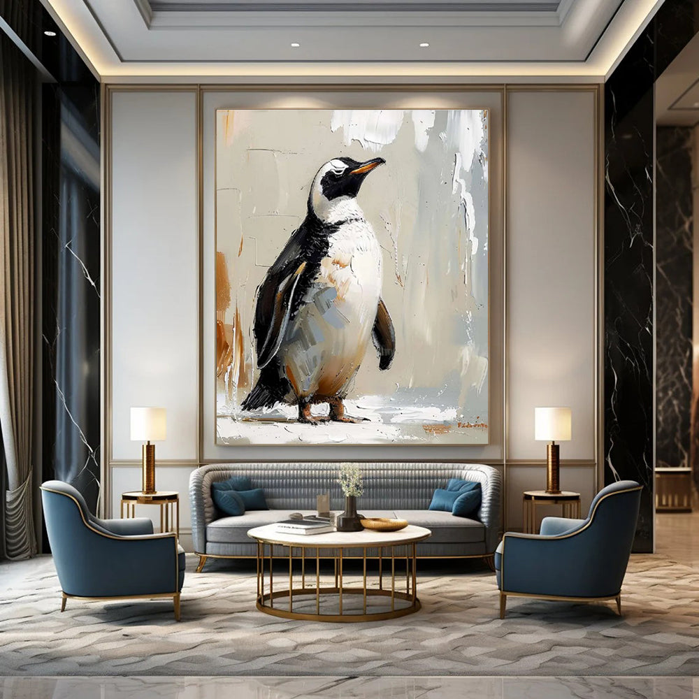 Textured Penguin Portrait Abstract Painting for Playful Kids' Spaces HENG496