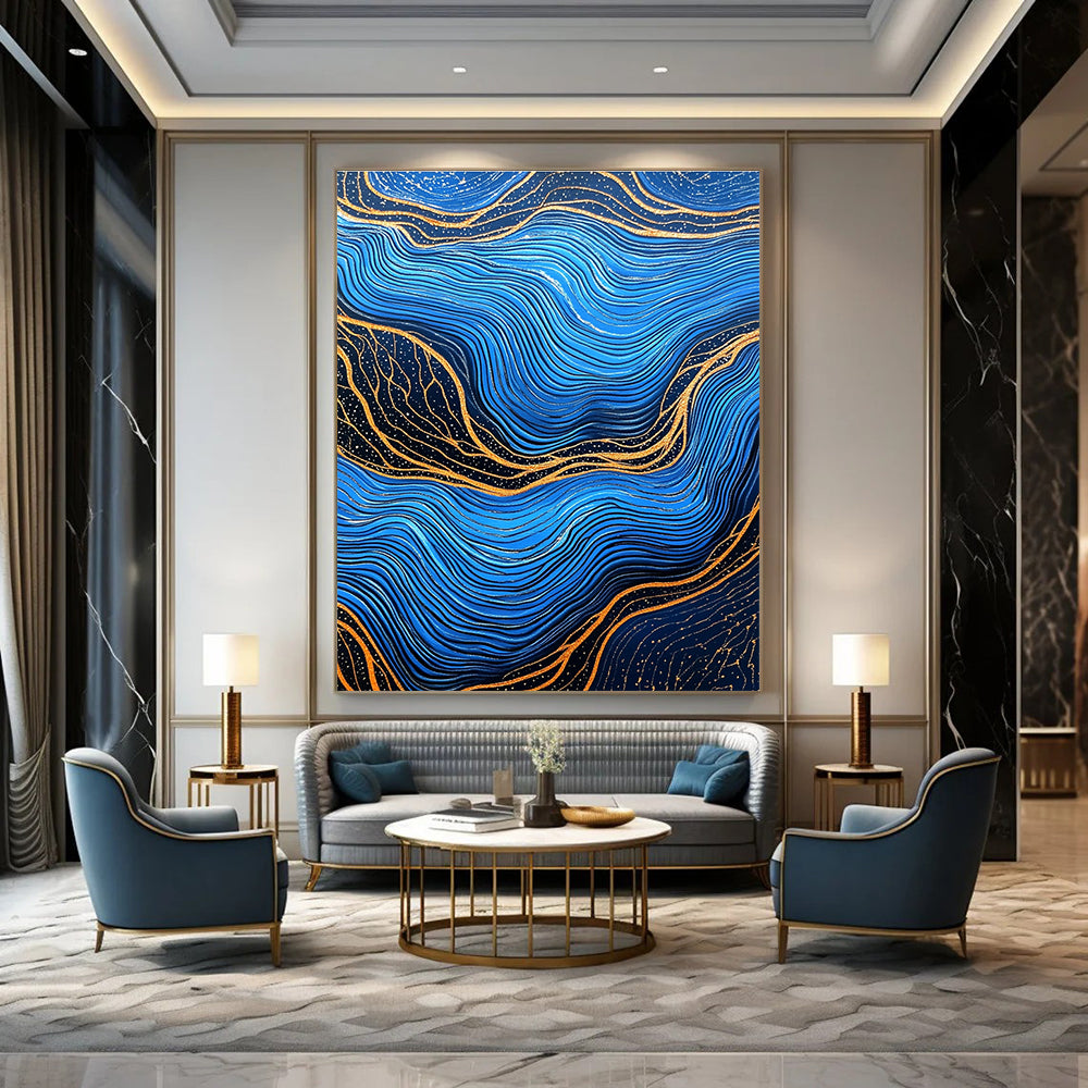 Blue and Gold Wave Patterns Abstract Painting of Oceanic Rhythms GAB0082