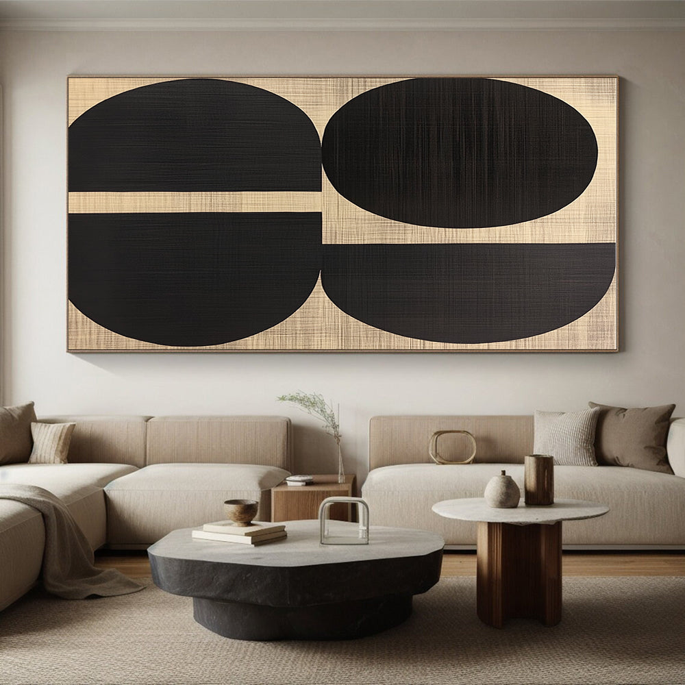 Black Oval Shapes on Woven Background Abstract Painting with Textured Geometry WINK242