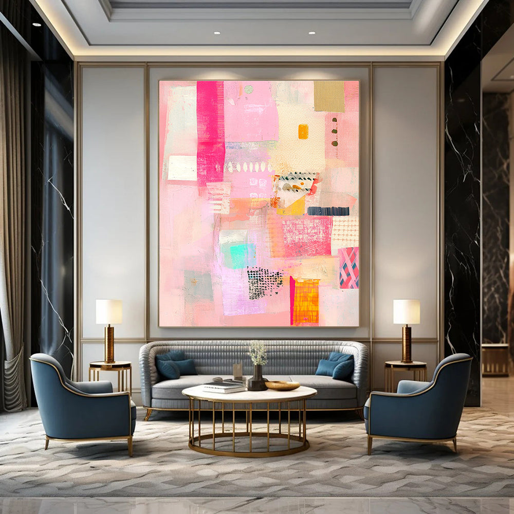 Pink Abstract Collage Painting for Feminine - Themed Boutiques GAB1348
