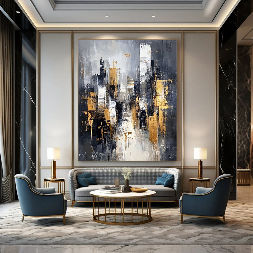 Gray and Gold Cityscape Abstract Painting for Sophisticated Decor GAB0695