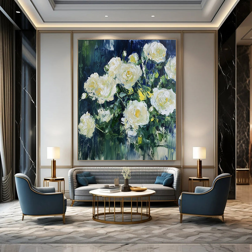 White Roses in Blue Impressionistic Abstract Painting for Romantic Spaces GAB1537