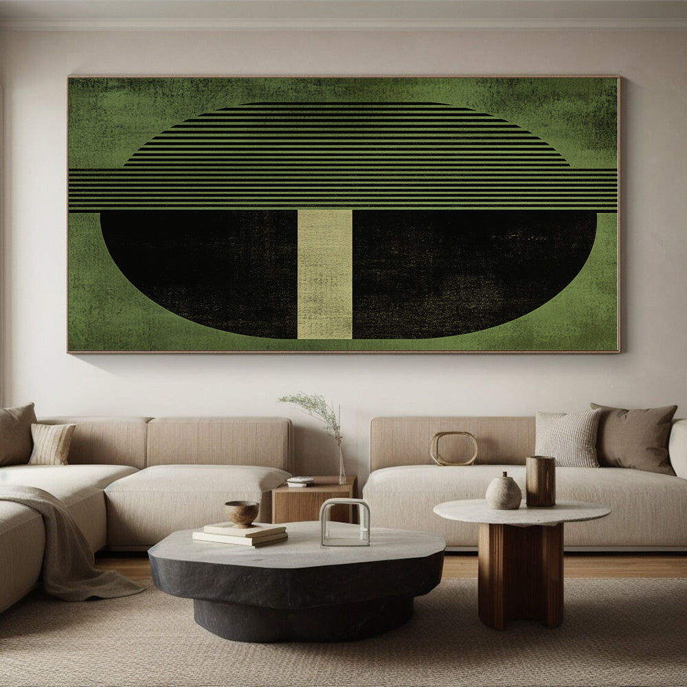 Geometric Green and Black Abstract Painting with Structured Elegance WINK151