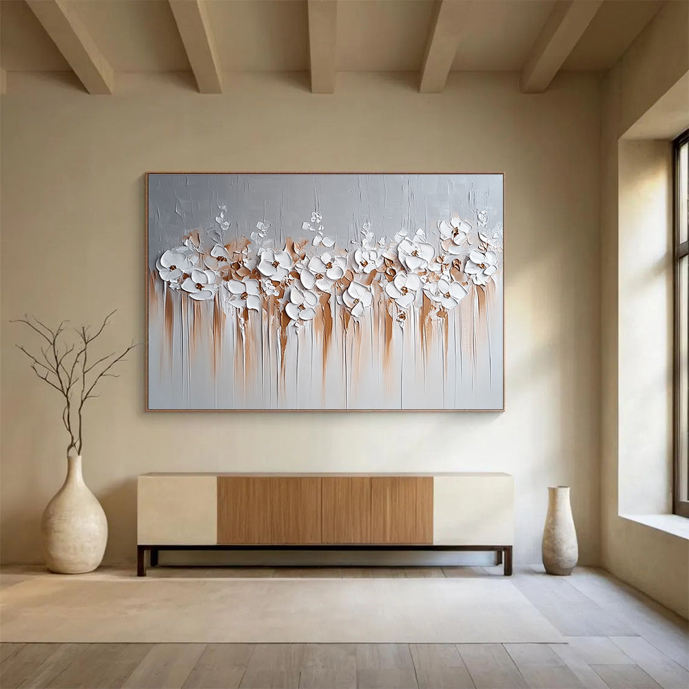 White Flowers and Brown Drips Abstract Painting with 3D Textural Beauty ABS452
