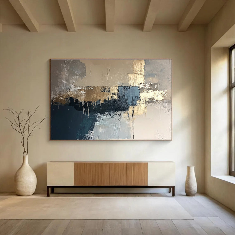 Gray and Gold Abstract with Dripping Details Abstract Painting ABS385