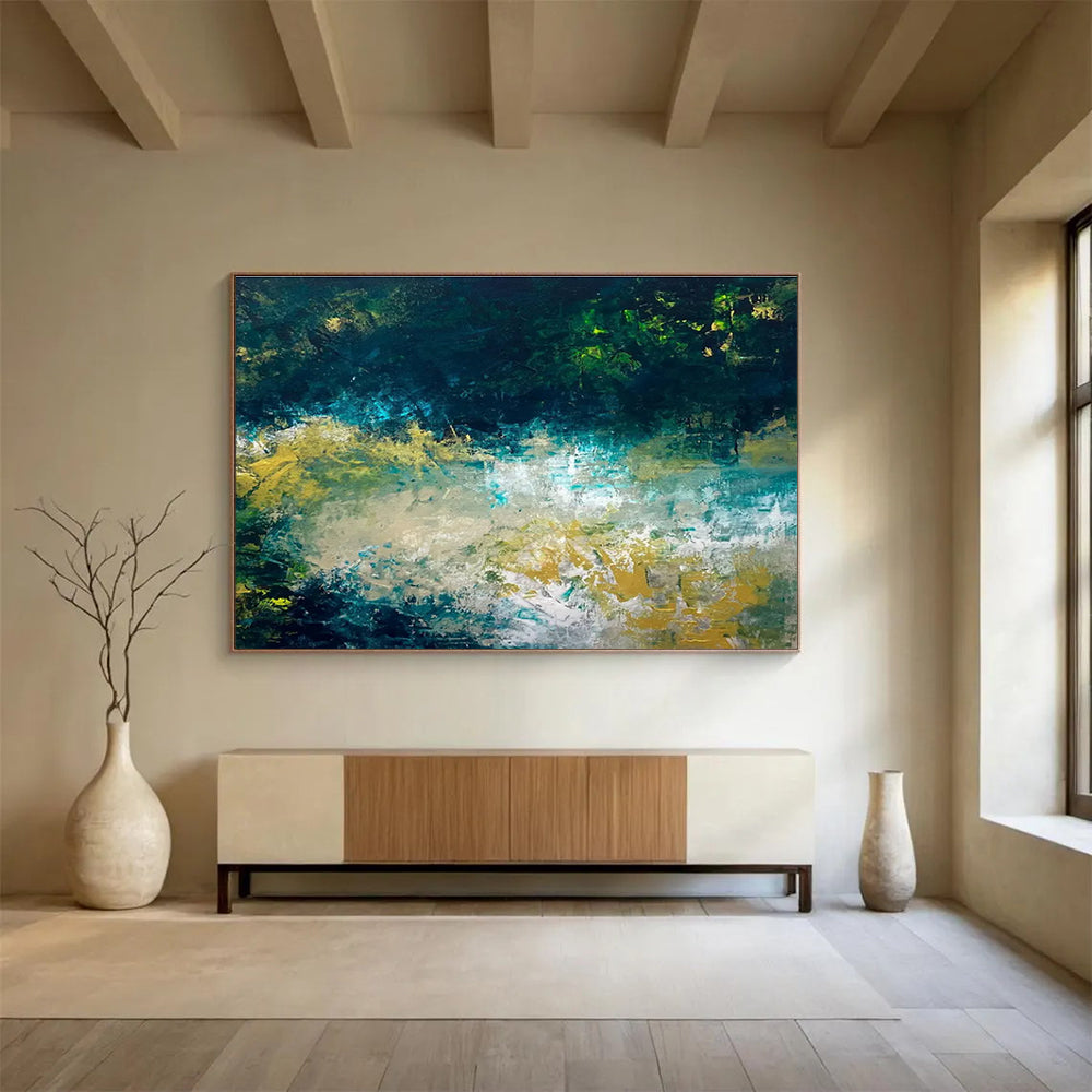 Teal and Gold Abstract Landscape Painting for Coastal Home Interiors YHT326