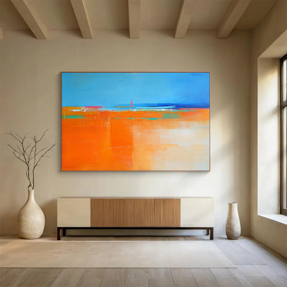 Vibrant Coastal Scene Abstract Painting Featuring a Figure Silhouette ABS221
