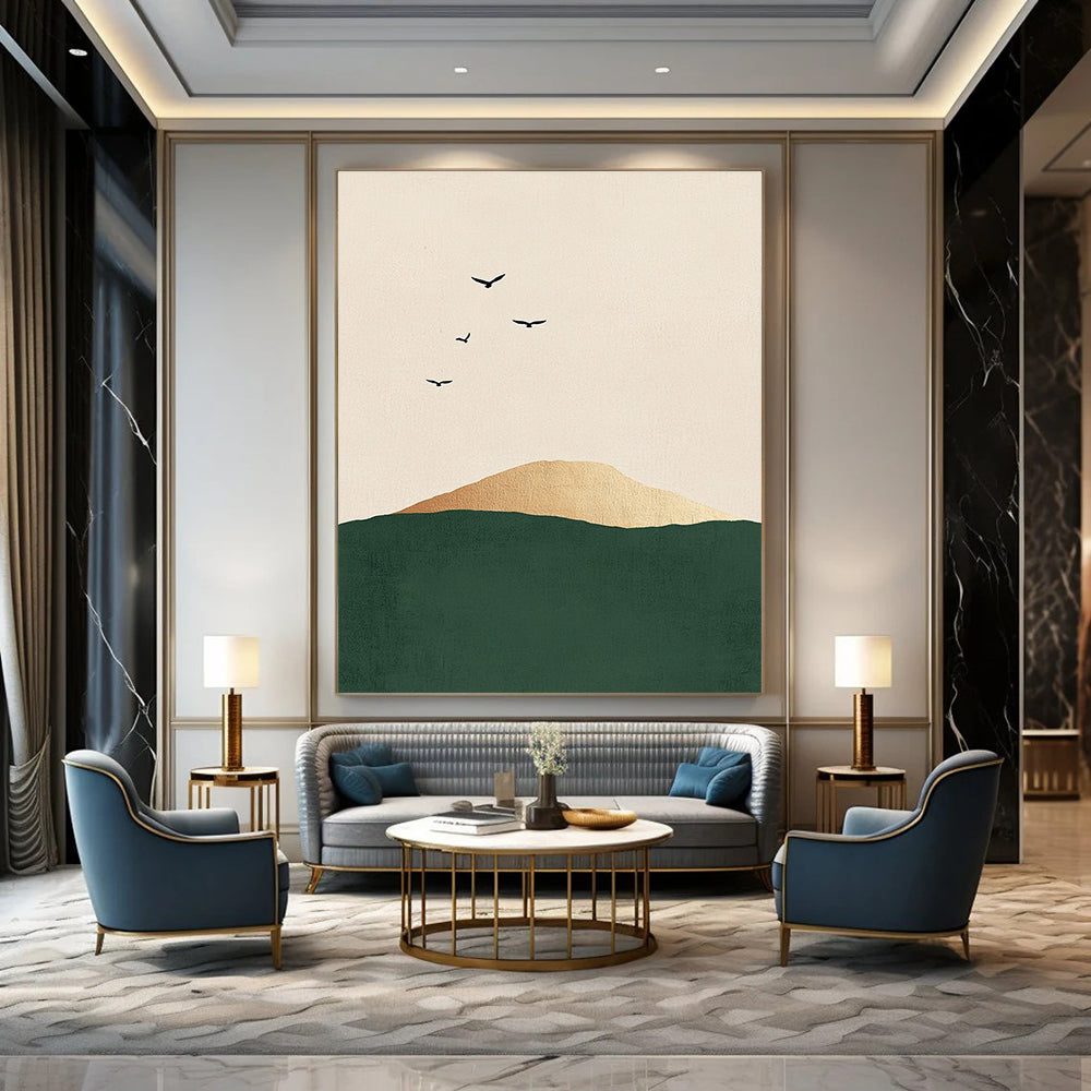 Birds Over Golden Hill Abstract Painting for Bohemian - Style Bedrooms GAB1383
