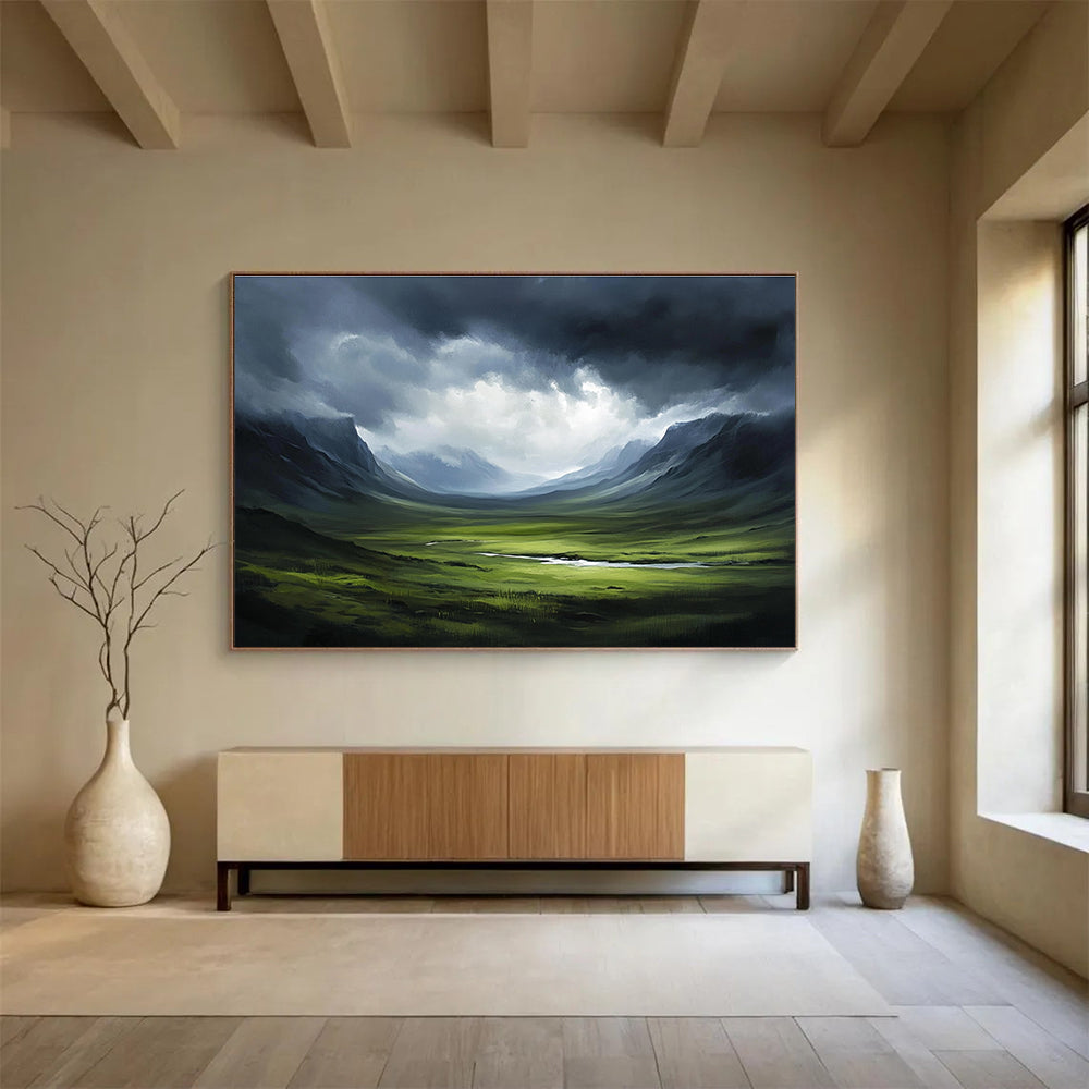 Dark Valley with Stormy Sky Abstract Painting with Dramatic Nature ABS604