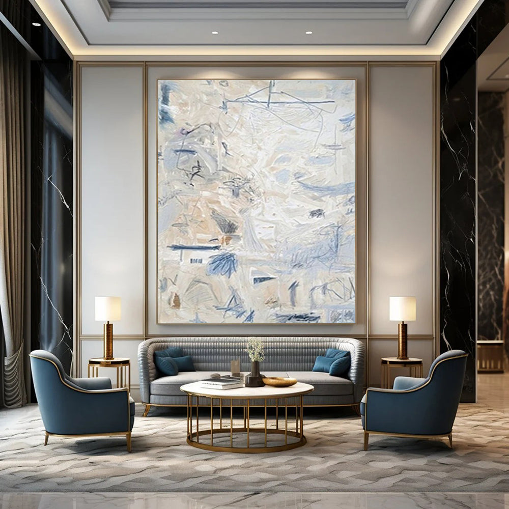 Light - Toned Abstract with Blue Marks Painting for Coastal - Inspired Bedrooms HENG144