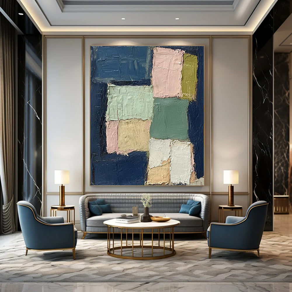 Pastel Patchwork Abstract Painting for Scandinavian - Style Living Rooms HENG013