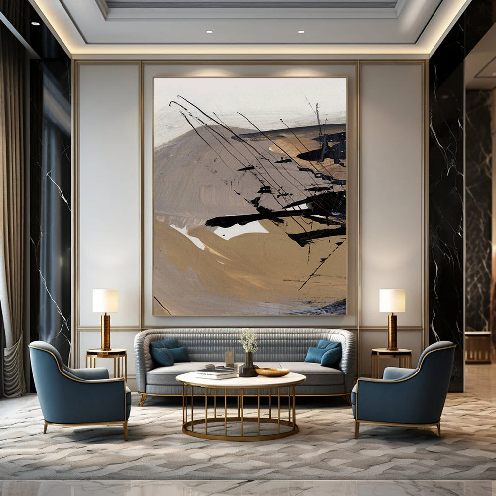 Expressive Black - Beige Abstract Painting for Industrial - Style Cafés HENG201