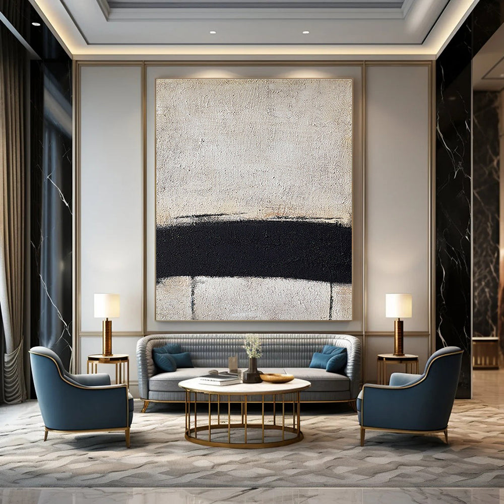 Minimalist Black and White Horizontal Line Abstract Painting for Monochrome Bedrooms HENG353