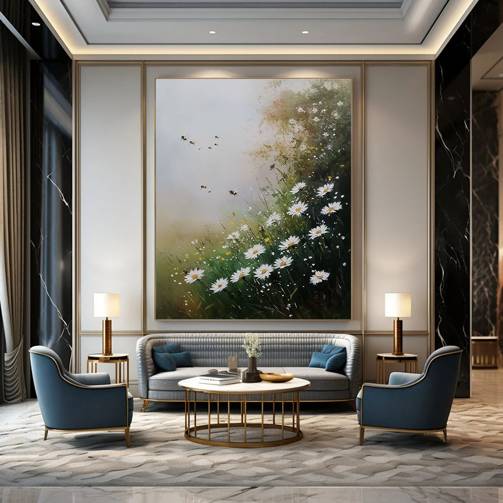 Daisies and Bees Charming Floral Abstract Painting GAB0336