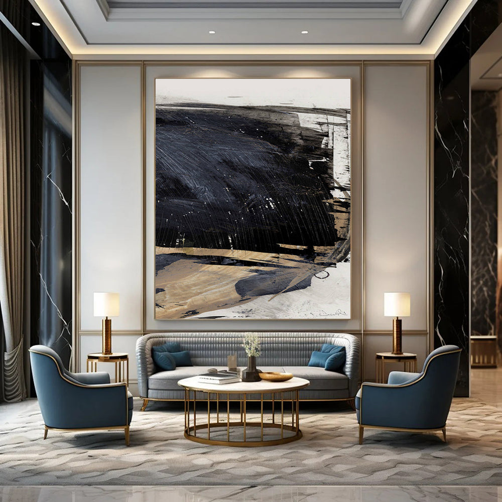 Dynamic Black - Beige Abstract Painting for Contemporary Art Exhibits HENG202