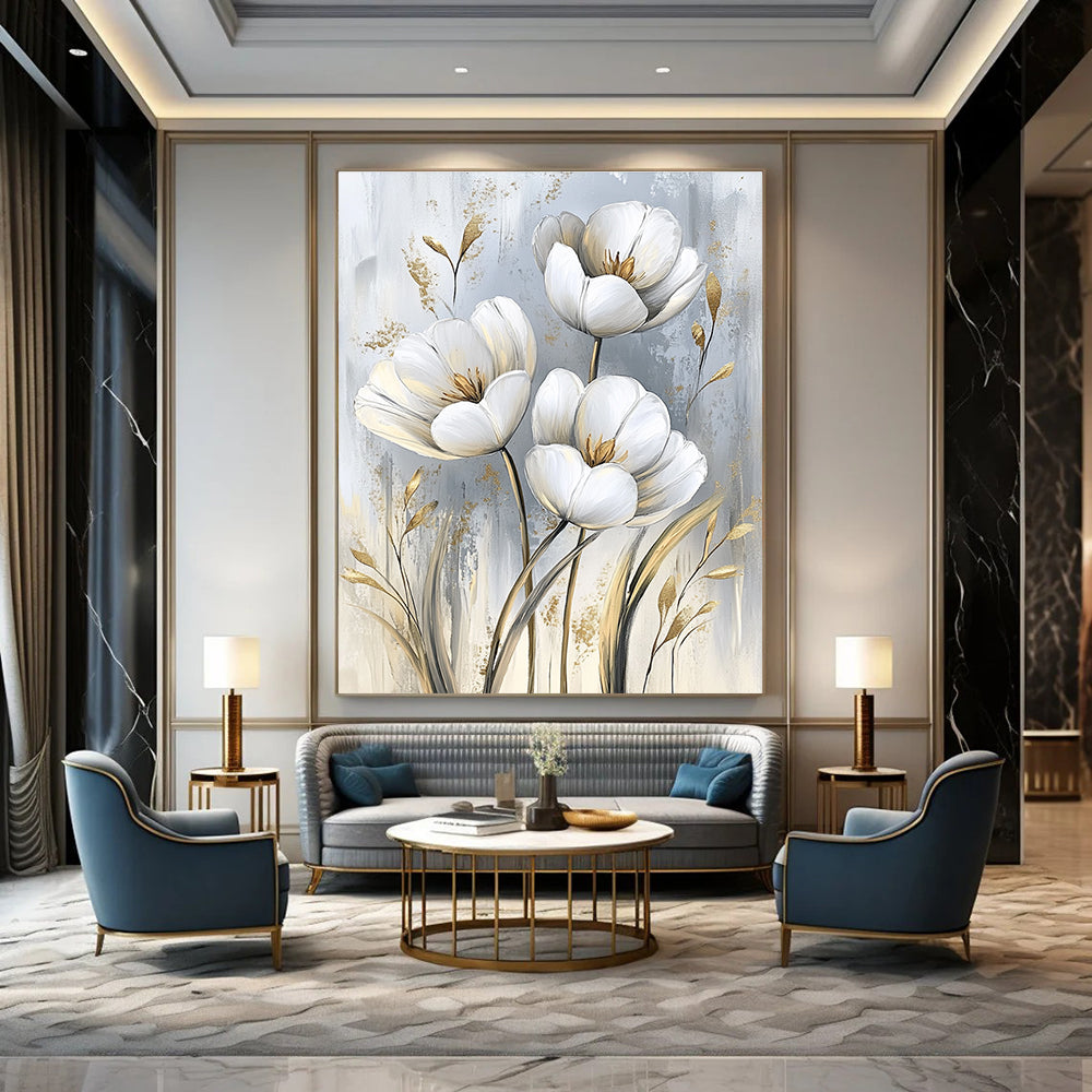 White Tulips with Gold Chic Abstract Painting for Modern Living GAB1526