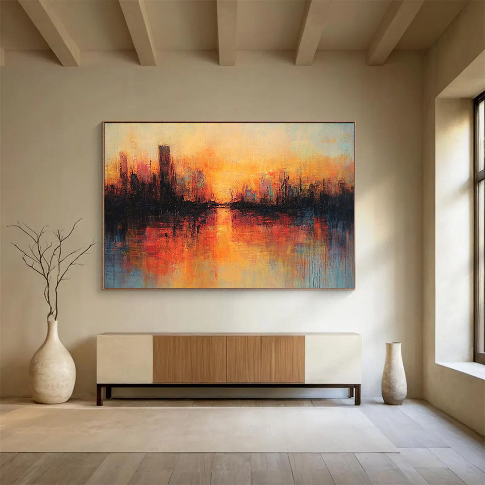 Warm Sunset Cityscape Reflection Abstract Painting ABS198