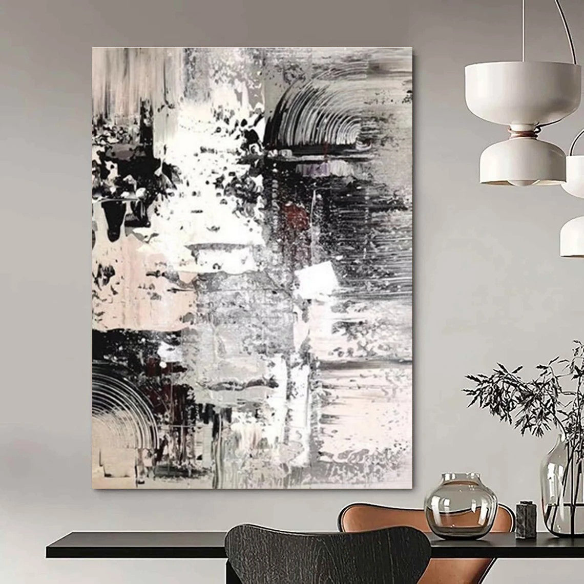 Monochrome Textured Abstract Painting for Serene Home Libraries HENG392