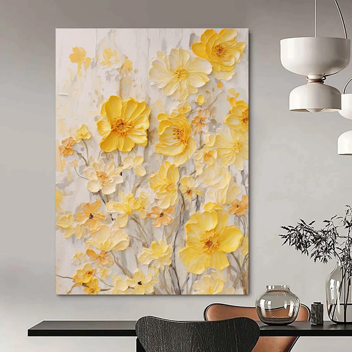 Delicate Textured Yellow Flowers Painting for Serene Interiors HENG289