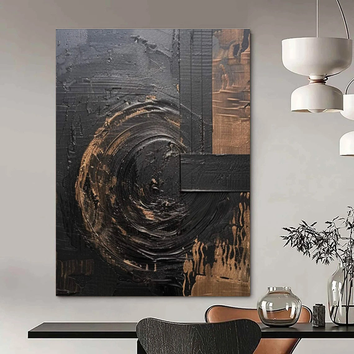 Black and Gold Textured Abstract Painting for Luxury Hotel Lobbies HENG476