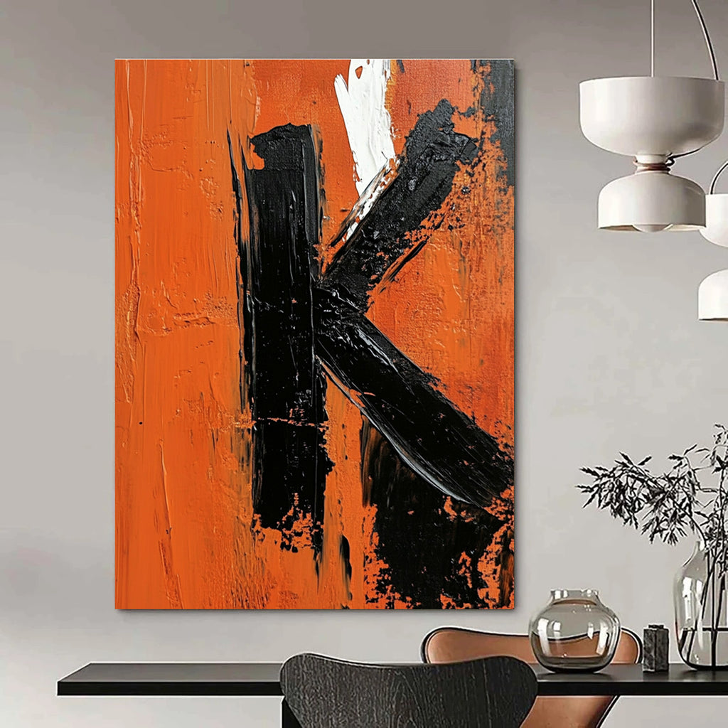 Bold Black and Orange Letter K Abstract Painting for Industrial - Style Spaces GAB1366
