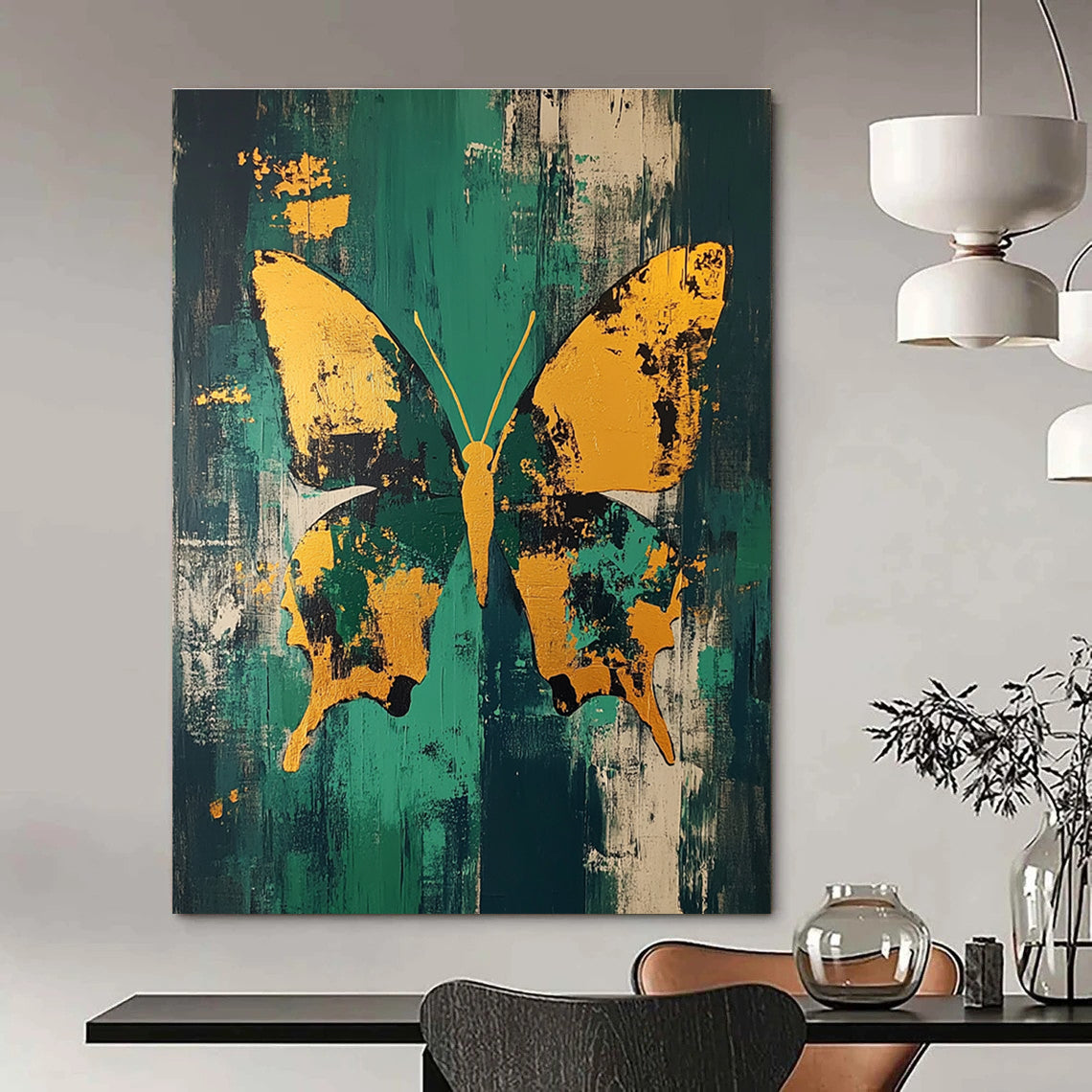 Golden Butterfly on Green Abstract Painting for Lively Interiors GAB0693