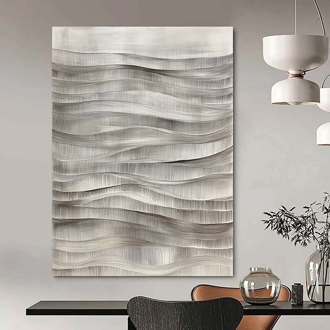 Grey Wavy Lines Textured Abstract Painting for Minimalist Spaces GAB1480