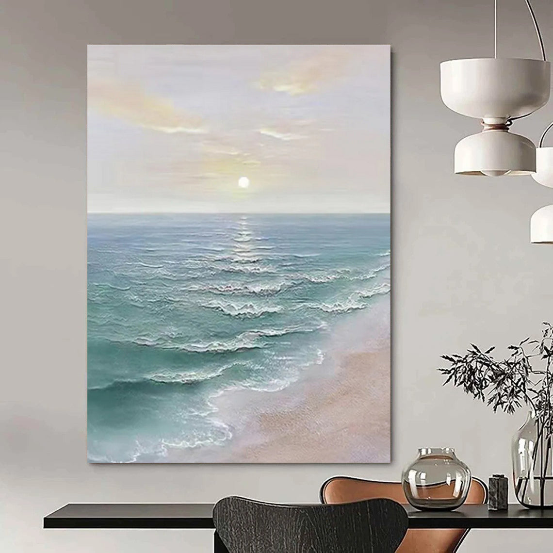 Coastal Sunset with Calm Waves Abstract Painting for Seaside - Themed Living Rooms HENG350