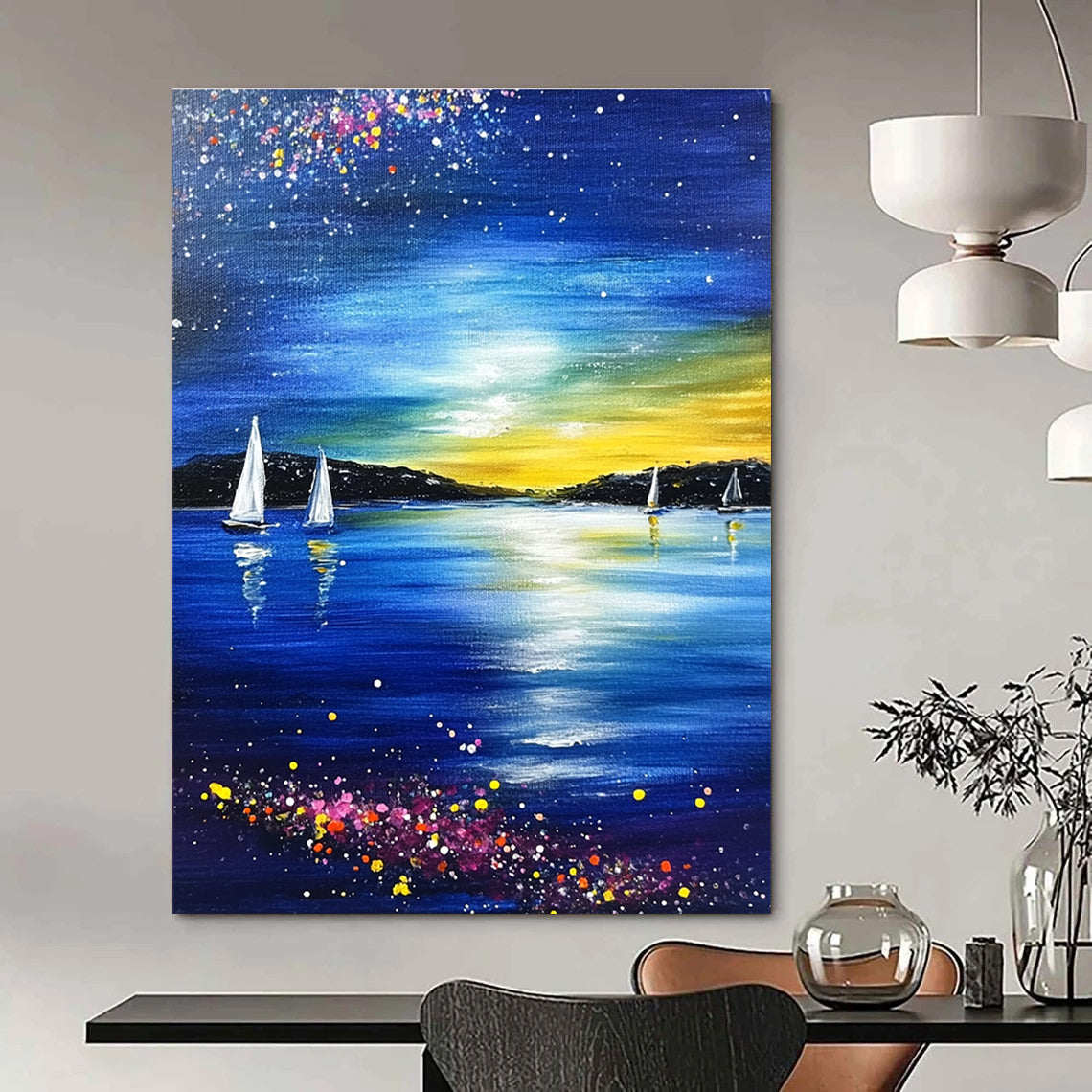 Starry Night Seaside Abstract Painting for Coastal - Themed Living Rooms GAB1015