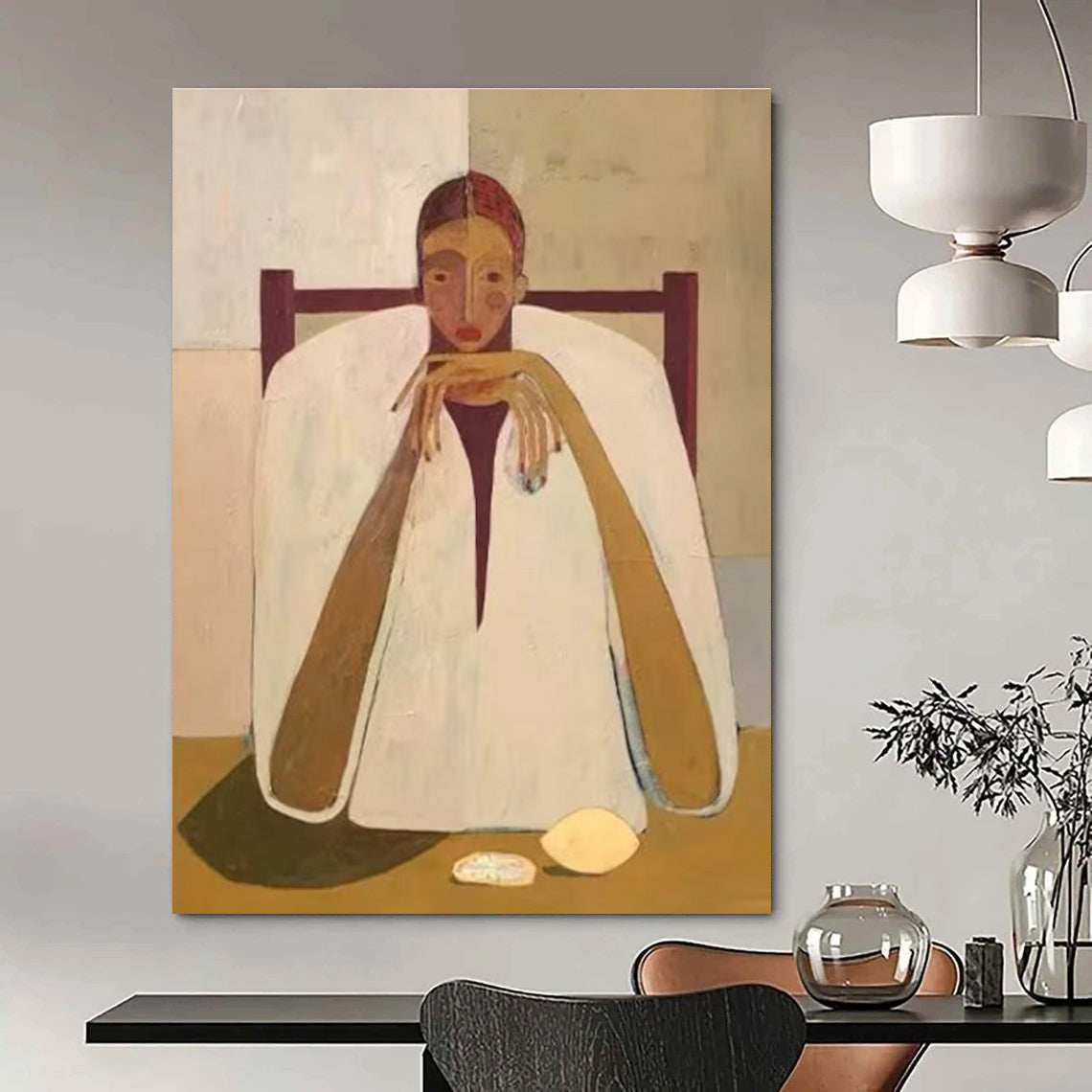 Seated Figure in White Cloak Abstract Painting for Contemplative Spaces HENG142