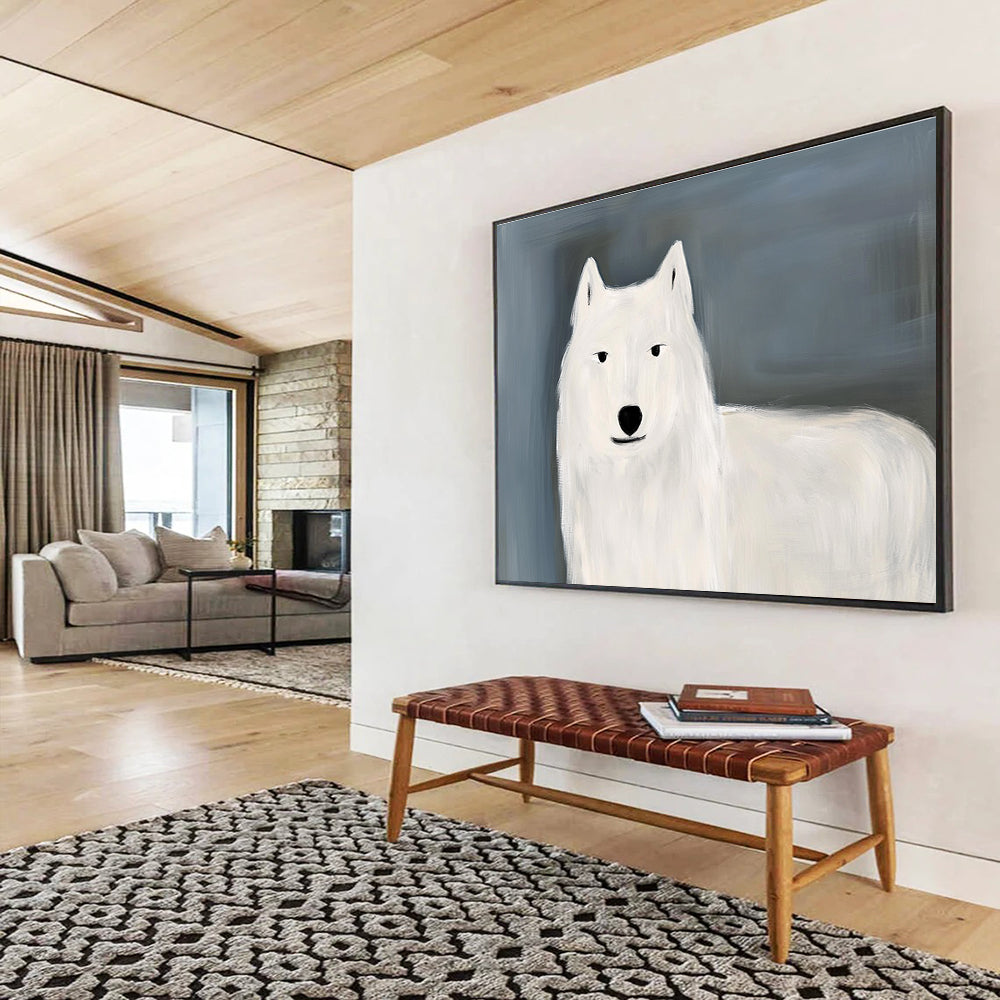 Minimalist White Wolf: Gentle Presence in Simple Shapes Abstract Painting ABS163