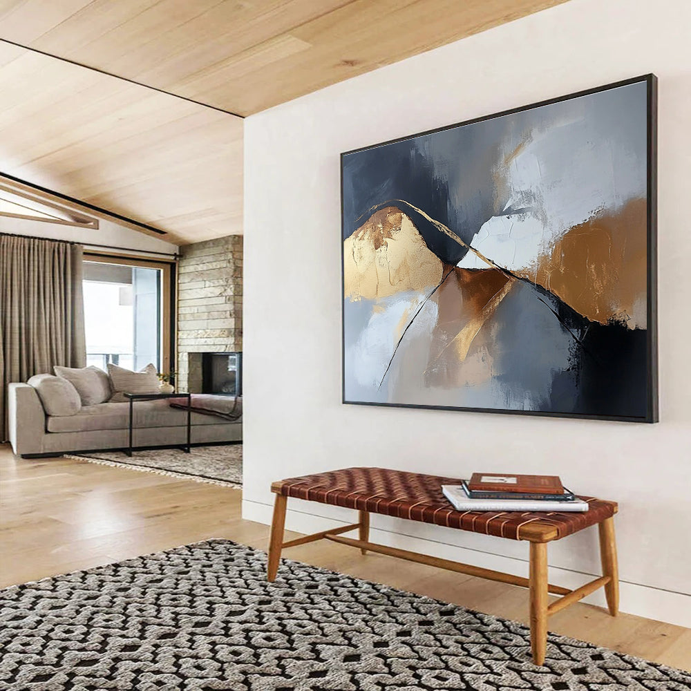 Gold - Accented Mountain Abstract Painting with Dramatic, Minimalist Peaks ABS485