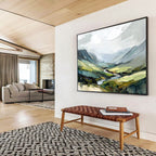 Mountain Valley with River Abstract Painting with Lush Greens ABS597