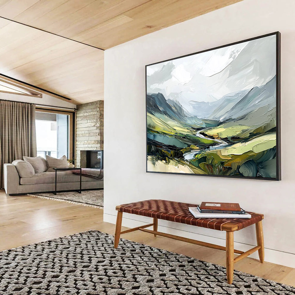 Mountain Valley with River Abstract Painting with Lush Greens ABS597