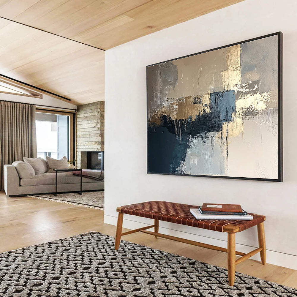 Gray and Gold Abstract with Dripping Details Abstract Painting ABS385