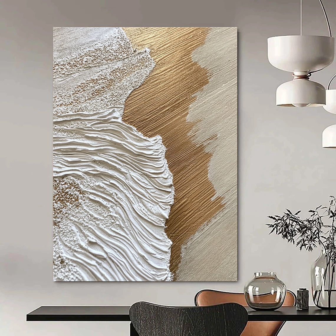 Gold and White Textured Waves Abstract Painting with Luxurious Vibes GAB0069