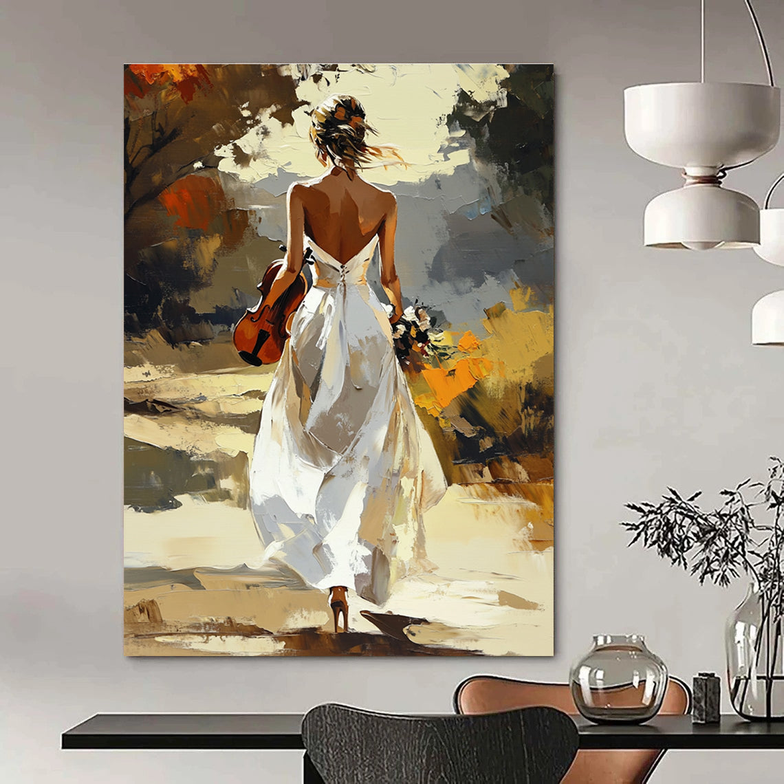 Woman with Violin in White Dress Romantic Abstract Painting for Artistic Spaces GAB1430