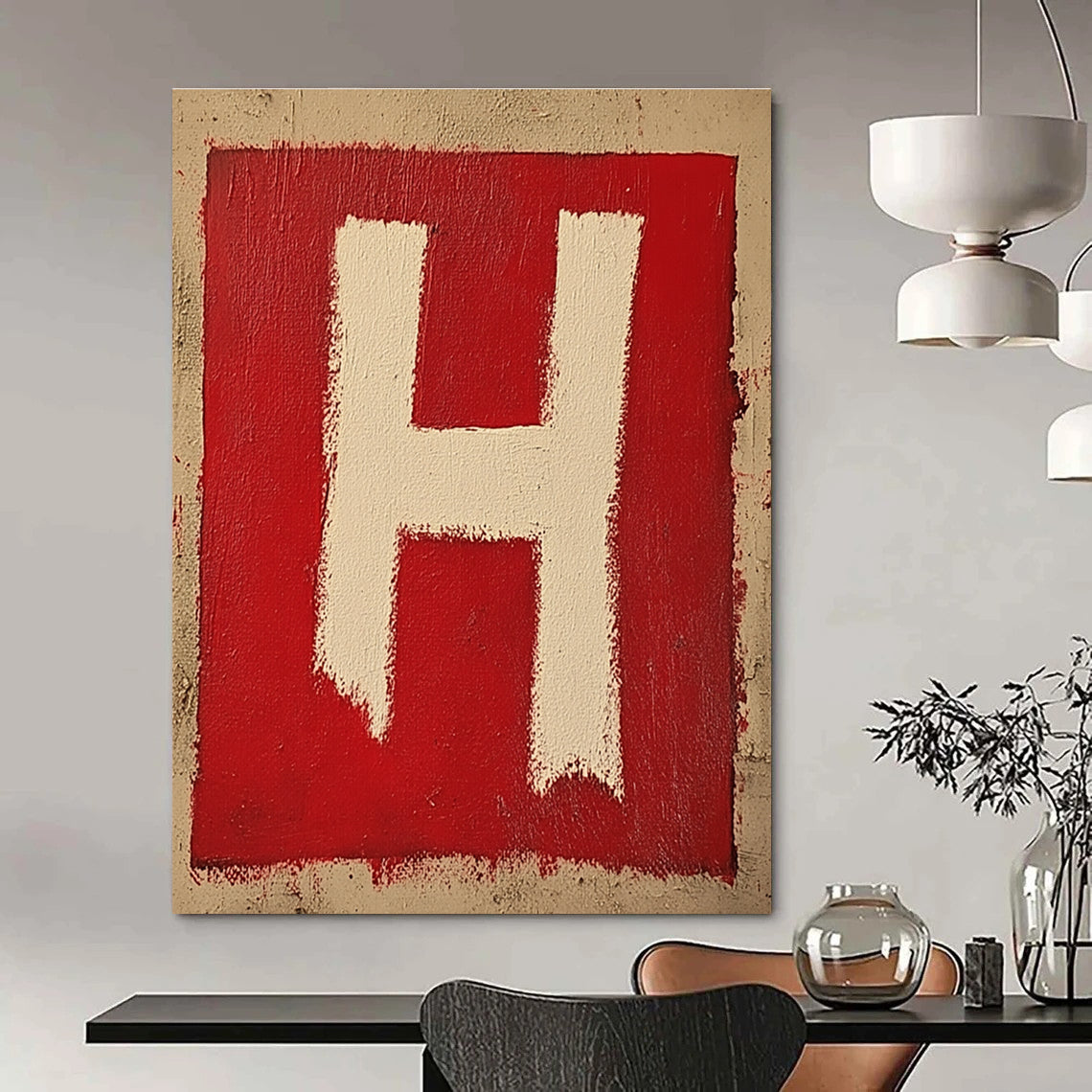 Red and White H Bold Graphic Abstract Painting GAB0324