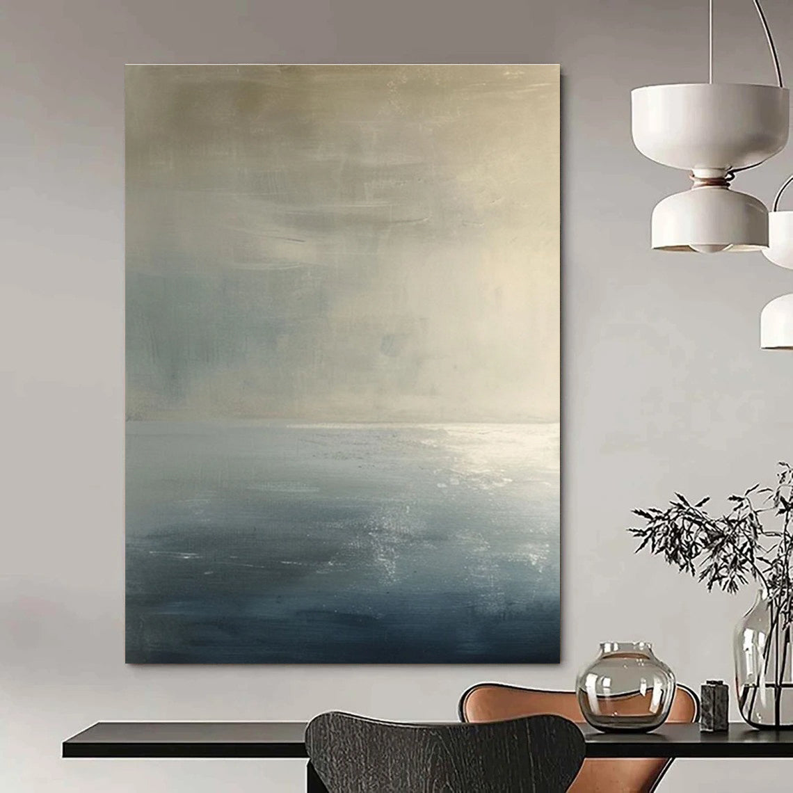 Subtle Monochromatic Sea Abstract Painting for Serene Bedrooms HENG299