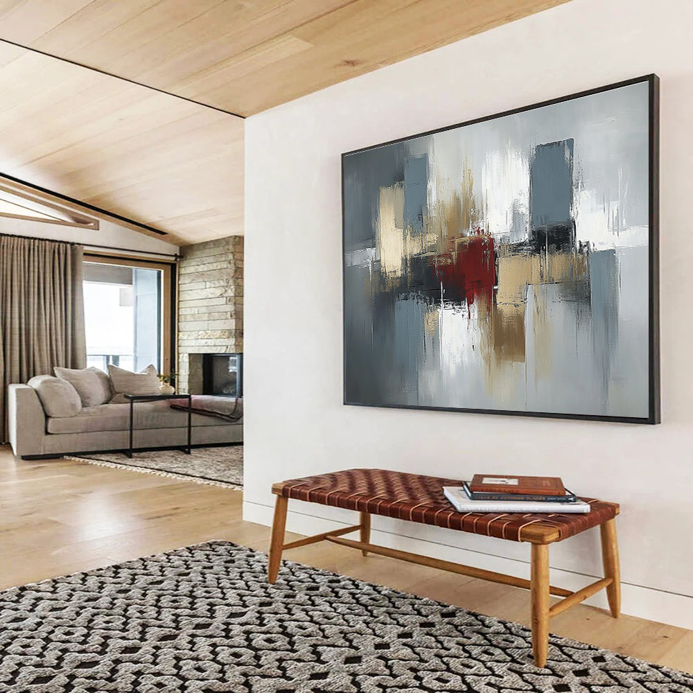 Gray, Gold and Red Abstract Cityscape Painting with Urban Energy ABS403