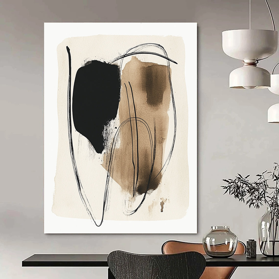 Black and Brown Ink Strokes Bold Abstract Painting for Modern Offices GAB1511