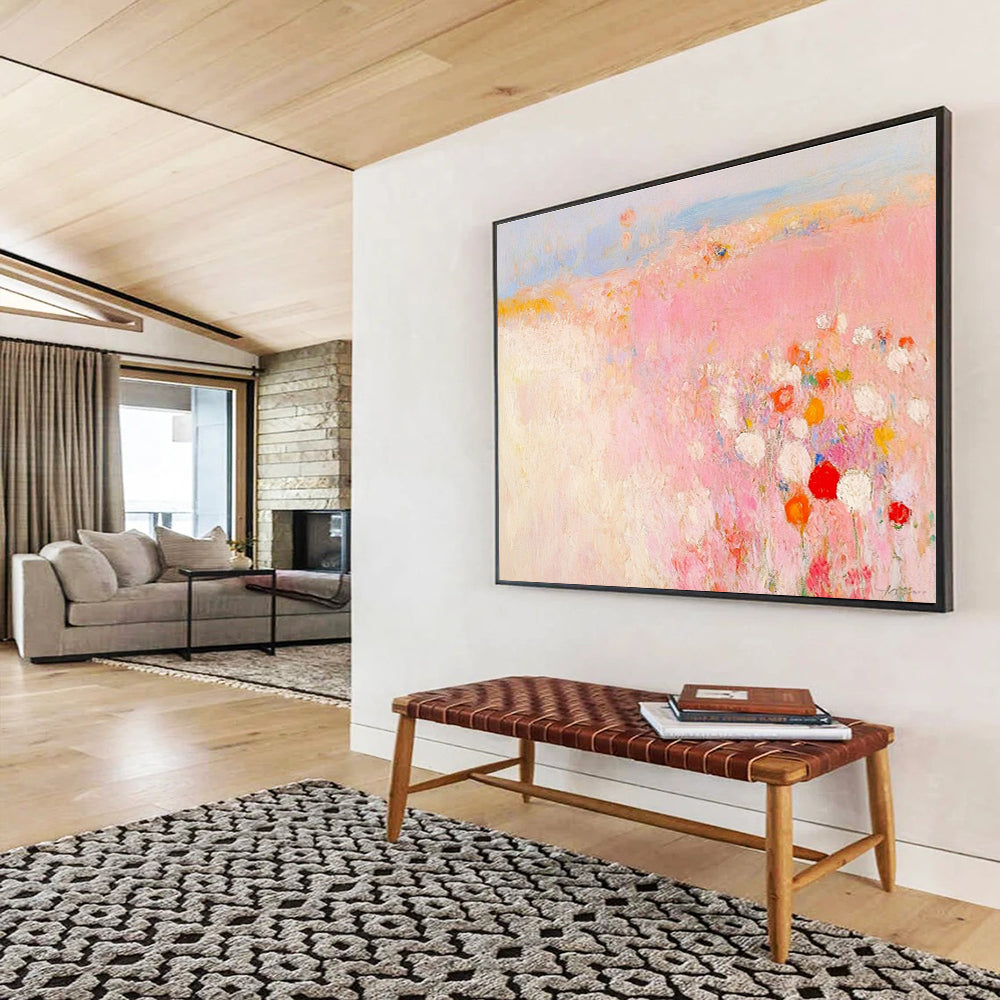 Pink Field Abstract Painting with Soft, Romantic Blossoms ABS508