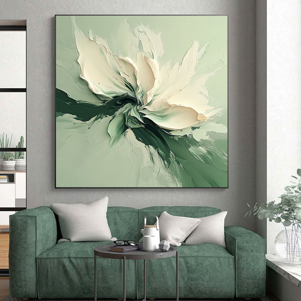 Green White Flower Abstract Painting with Textured Floral WINK569