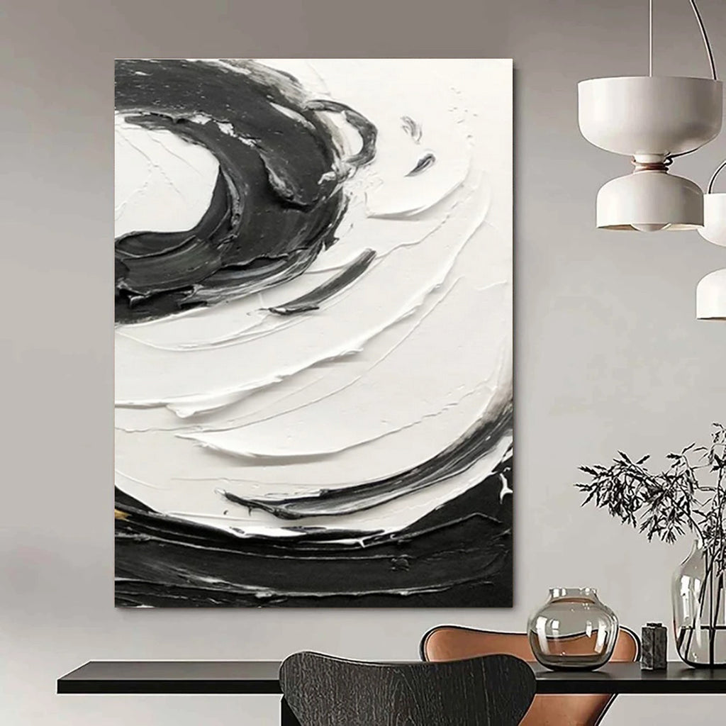 Black - White Swirl Textured Abstract Painting for Modern Living Rooms HENG380
