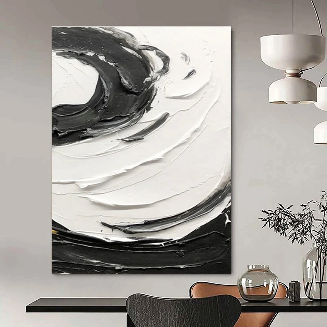 Black - White Swirl Textured Abstract Painting for Modern Living Rooms HENG380