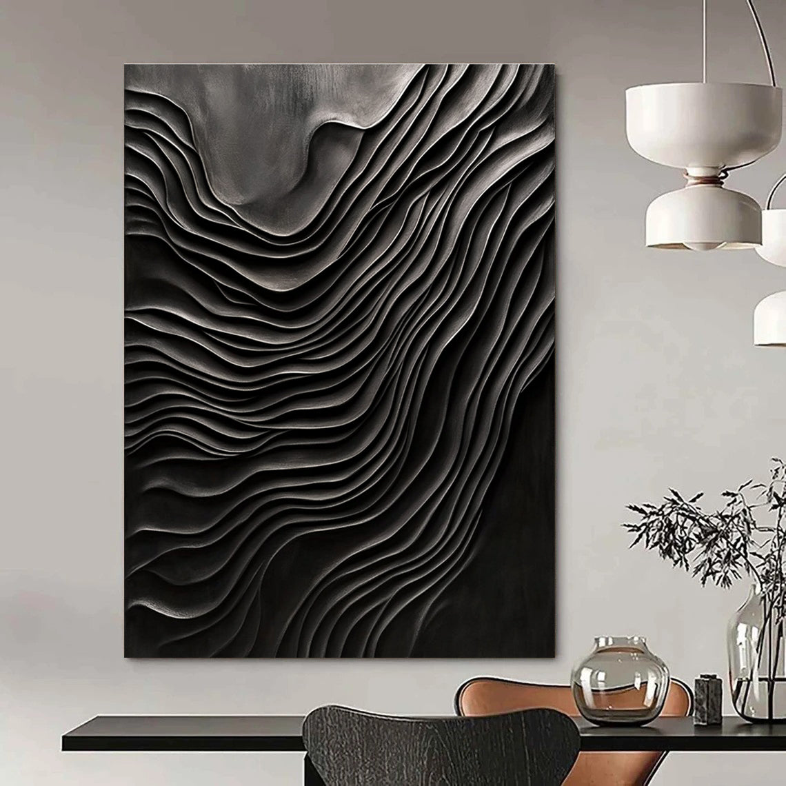 Black Wavy Textures Abstract Painting for Industrial - Chic Art Galleries GAB1328