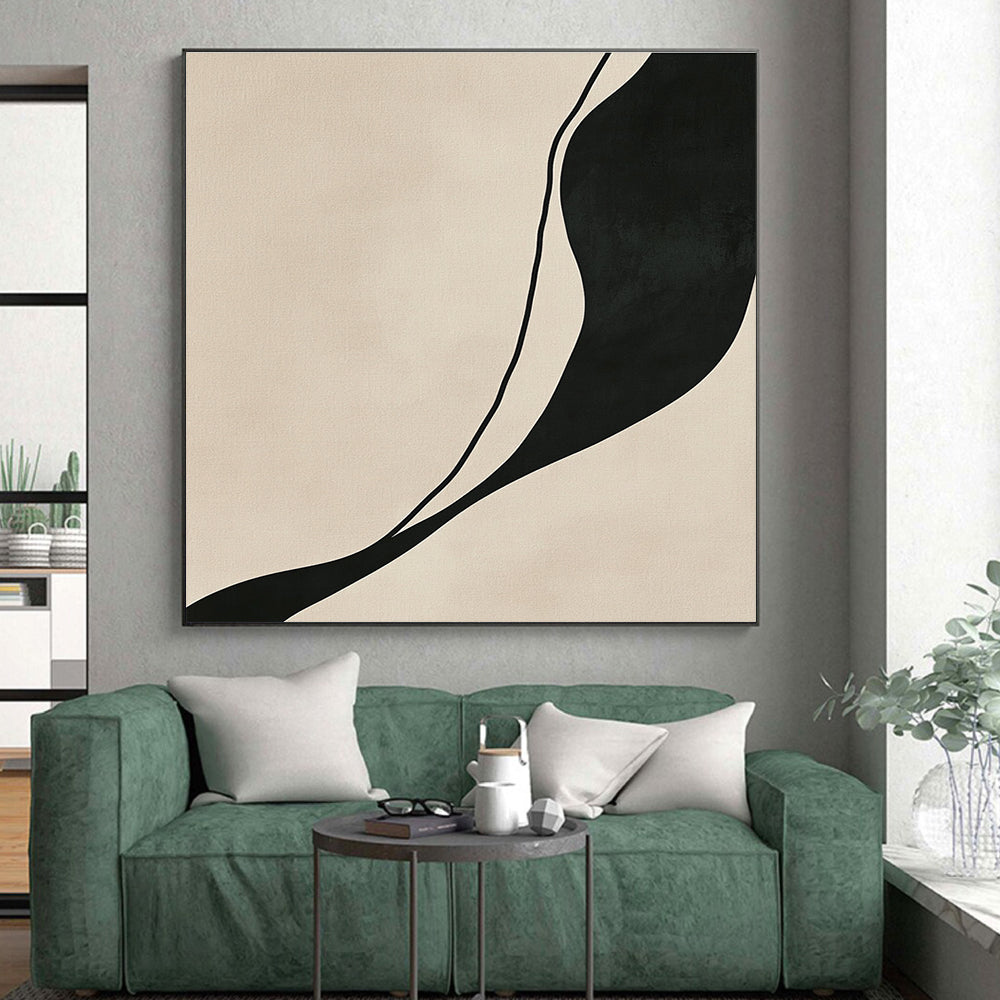 Black and Beige Curved Abstract Painting with Fluid Lines WINK843