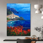 Coastal Village with Mountains Abstract Painting for Italian - Inspired Villas HENG533