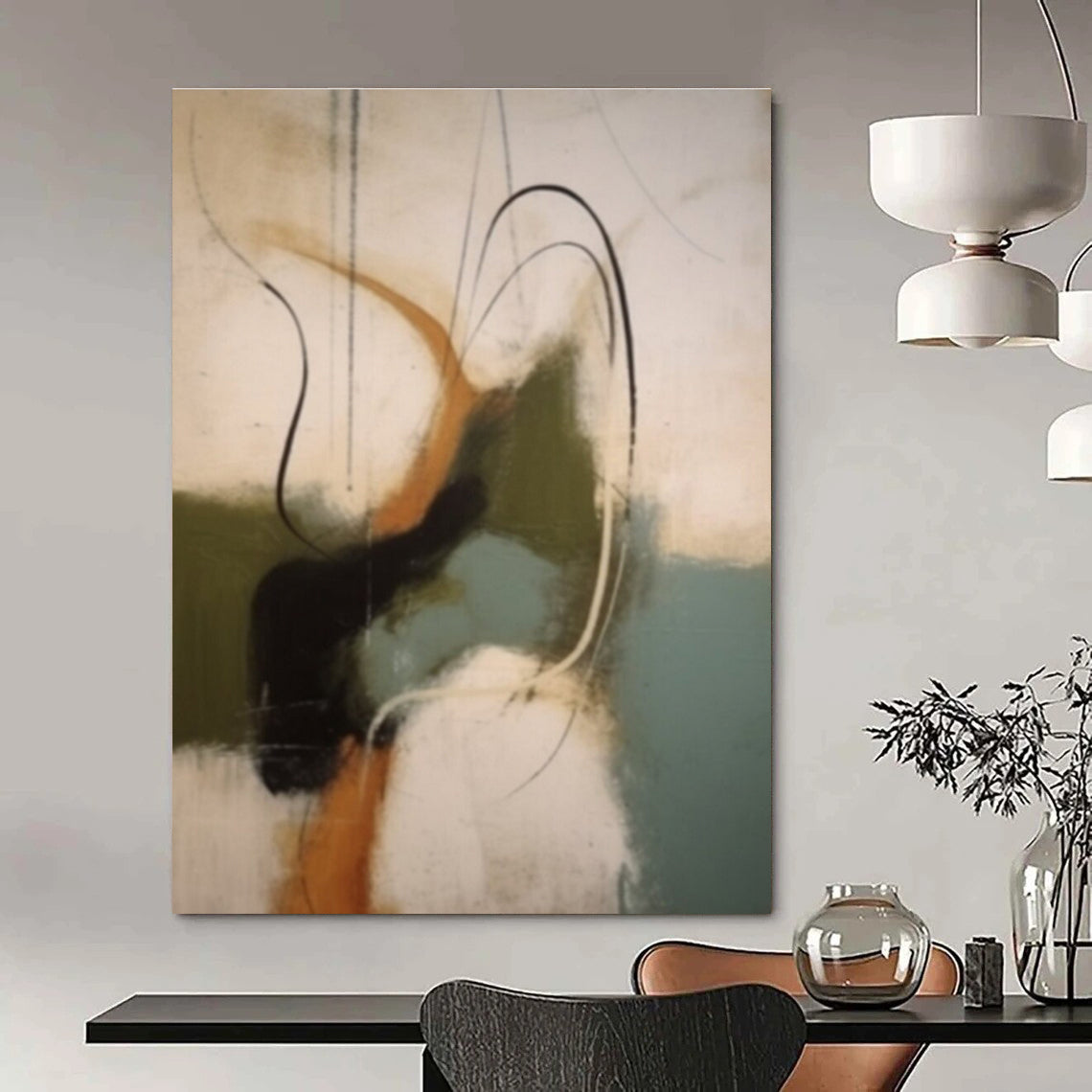 Abstract with Curved Lines in Earthy Tones Painting for Bohemian - Styled Bedrooms HENG365