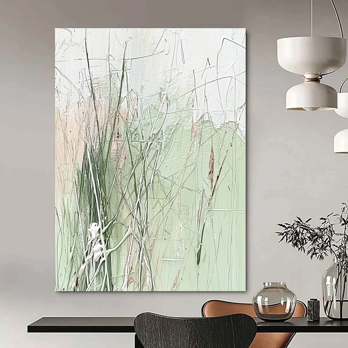 Green and Beige Grass - like Abstract Painting with Wispy Forms GAB0062